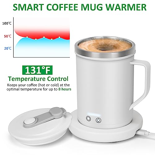 Temperature Control Smart Mug, Self Heating Coffee Mug Electric Coffee Warmer - Rechargeable Battery & USB Power, 131℉, Self Stirring, 8 Hours Auto Shut Off, 11oz (White)