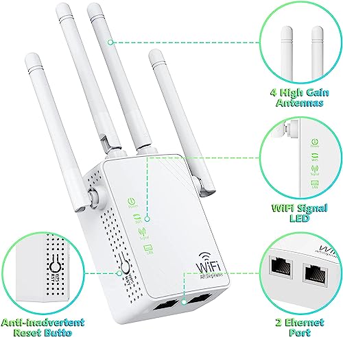 WiFi Extender Signal Booster Up to 5000sq.ft and 45 Devices, WiFi Range Extender, Wireless Internet Repeater, Long Range Amplifier with Ethernet Port, Access Point, 1-Key Setup, Alexa Compatible