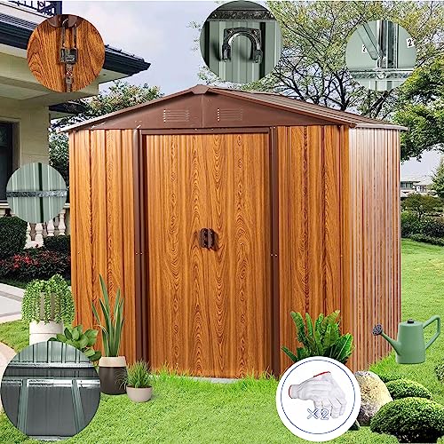 Storage Shed 6ft x 6ft Outdoor Storage Shed,Metal Foundation,Anchors,Hooks,Shelf,Locker,Gloves- Weather-Resistant Outdoor Storage Solution with Lockable Sliding Doors and Shelf