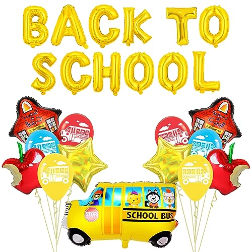 Stcomart Back To School Balloons, School Bus Apple Star Foil Mylar Balloons for First Day of School Decoration Kindergarten, Gold