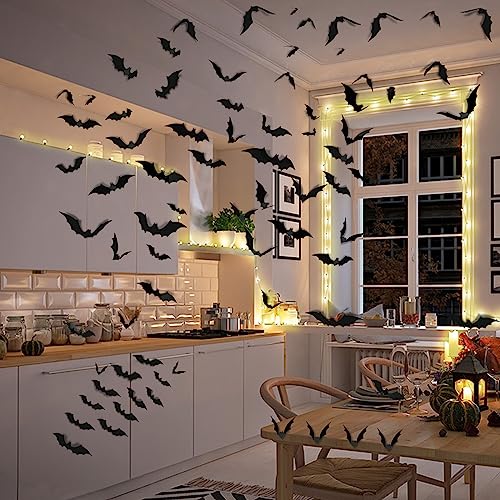 Halloween Party Supplies Hallween Decorations Bats Wall Decor 140PCS Realistic PVC 3D Black Scary Bat Sticker for Creepy Home Decor Halloween Party Decorations DIY Wall Decal Bathroom Indoor Halloween Decor