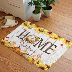 JAWO Fall Bathroom Rugs, Pumpkin Sunflower Decorate Autumn Thanksgiving Bath Mat, Seasonal Country Floor Door Mat Non Slip Memory Foam Home Decor 17 x 29 Inch