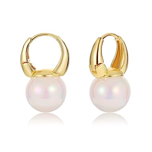 Gold Hoop Pearl Earrings Dangle Huggie Earrings for Women Pink Pearl Hoop Earrings for Wedding Dating