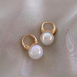 Gold Hoop Pearl Earrings Dangle Huggie Earrings for Women Pink Pearl Hoop Earrings for Wedding Dating