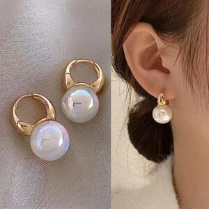 Gold Hoop Pearl Earrings Dangle Huggie Earrings for Women Pink Pearl Hoop Earrings for Wedding Dating