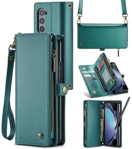asapdos samsung galaxy z fold 5 wallet case with s pen holder,pu leather strap wristlet flip case with magnetic closure[s-pen fully compatible],card holder[rfid blocking] and kickstand blue-green