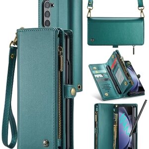 ASAPDOS Samsung Galaxy Z Fold 5 Wallet Case with S Pen Holder,PU Leather Strap Wristlet Flip Case with Magnetic Closure[S-Pen Fully Compatible],Card Holder[RFID Blocking] and Kickstand Blue-Green