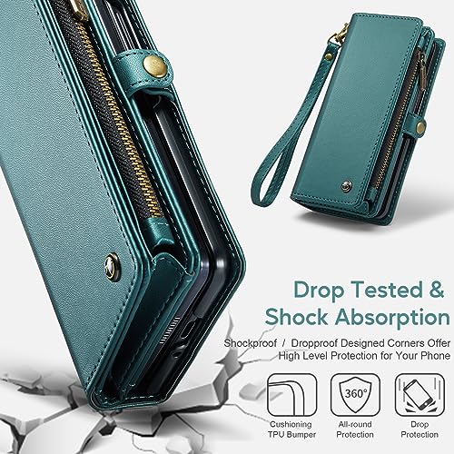 ASAPDOS Samsung Galaxy Z Fold 5 Wallet Case with S Pen Holder,PU Leather Strap Wristlet Flip Case with Magnetic Closure[S-Pen Fully Compatible],Card Holder[RFID Blocking] and Kickstand Blue-Green