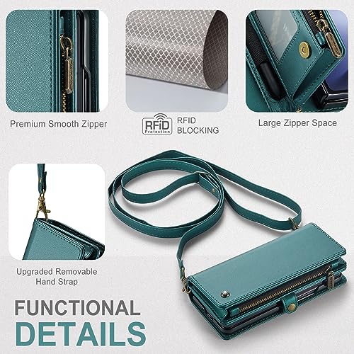 ASAPDOS Samsung Galaxy Z Fold 5 Wallet Case with S Pen Holder,PU Leather Strap Wristlet Flip Case with Magnetic Closure[S-Pen Fully Compatible],Card Holder[RFID Blocking] and Kickstand Blue-Green