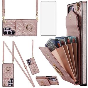 asuwish phone case for samsung galaxy s23 ultra 5g wallet cover with tempered glass screen protector wrist strap ring rfid blocking card holder cell s23ultra 23s s 23 23ultra 6.8 inch women rose gold