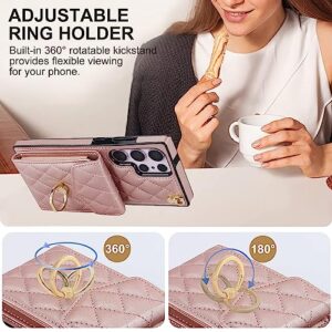 Asuwish Phone Case for Samsung Galaxy S23 Ultra 5G Wallet Cover with Tempered Glass Screen Protector Wrist Strap Ring RFID Blocking Card Holder Cell S23Ultra 23S S 23 23Ultra 6.8 inch Women Rose Gold