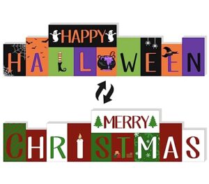 happy halloween decor and reversible merry christmas decor wood sign, free standing block, halloween and christmas farmhouse table decor for home indoor mantle party office tiered tray decor