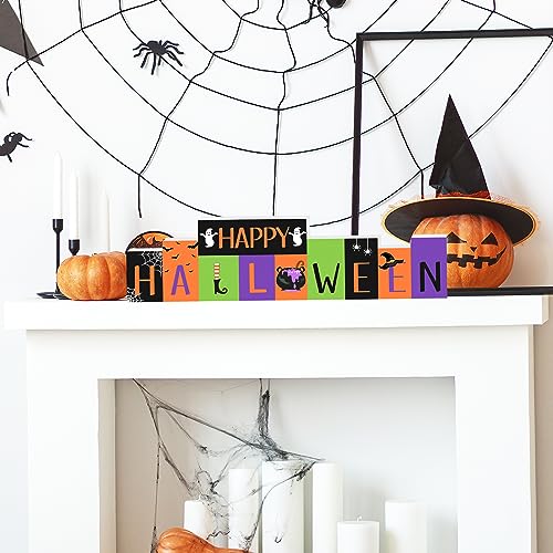 Happy Halloween Decor and Reversible Merry Christmas Decor Wood Sign, Free Standing Block, Halloween and Christmas Farmhouse Table Decor for Home Indoor Mantle Party Office Tiered Tray Decor