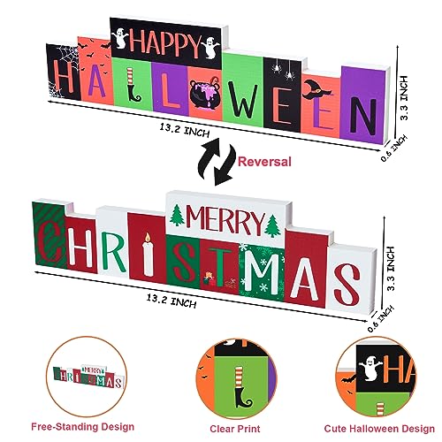 Happy Halloween Decor and Reversible Merry Christmas Decor Wood Sign, Free Standing Block, Halloween and Christmas Farmhouse Table Decor for Home Indoor Mantle Party Office Tiered Tray Decor