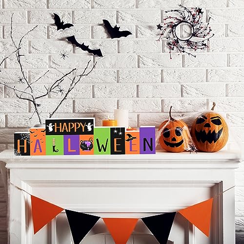 Happy Halloween Decor and Reversible Merry Christmas Decor Wood Sign, Free Standing Block, Halloween and Christmas Farmhouse Table Decor for Home Indoor Mantle Party Office Tiered Tray Decor