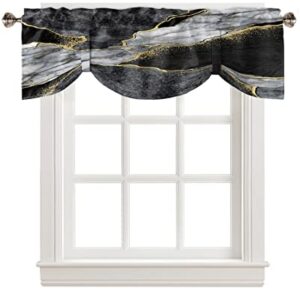 Tie Up Valance for Windows Black Abstract Marble Curtains Valances Rod Pocket Valance Window Treatments White Malachite Gold Veins Tie-up Shade Valance for Kitchen Living Room Bedroom 1 Panel 60x18