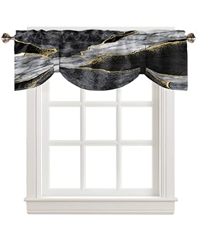 Tie Up Valance for Windows Black Abstract Marble Curtains Valances Rod Pocket Valance Window Treatments White Malachite Gold Veins Tie-up Shade Valance for Kitchen Living Room Bedroom 1 Panel 60x18