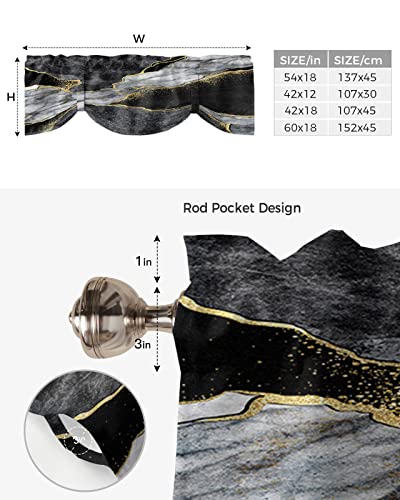 Tie Up Valance for Windows Black Abstract Marble Curtains Valances Rod Pocket Valance Window Treatments White Malachite Gold Veins Tie-up Shade Valance for Kitchen Living Room Bedroom 1 Panel 60x18