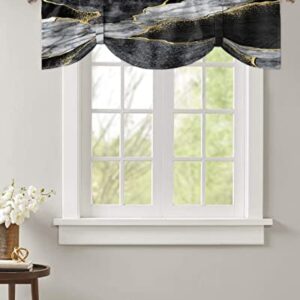 Tie Up Valance for Windows Black Abstract Marble Curtains Valances Rod Pocket Valance Window Treatments White Malachite Gold Veins Tie-up Shade Valance for Kitchen Living Room Bedroom 1 Panel 60x18