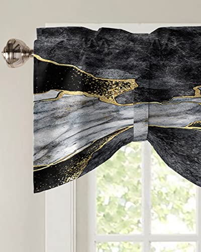 Tie Up Valance for Windows Black Abstract Marble Curtains Valances Rod Pocket Valance Window Treatments White Malachite Gold Veins Tie-up Shade Valance for Kitchen Living Room Bedroom 1 Panel 60x18