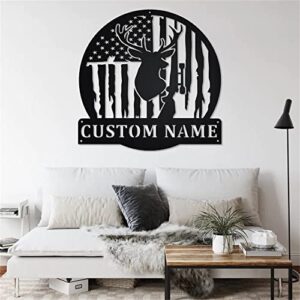 Riaeelvs Custom Hunter Family Name Metal Signs Personalized USA Flag Deer Hunting Metal Wall Art Customized Deer Buck Outdoor Wall Decor Wildlife Metal Sign Unique Gifts for Wedding Anniversary