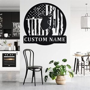 Riaeelvs Custom Hunter Family Name Metal Signs Personalized USA Flag Deer Hunting Metal Wall Art Customized Deer Buck Outdoor Wall Decor Wildlife Metal Sign Unique Gifts for Wedding Anniversary