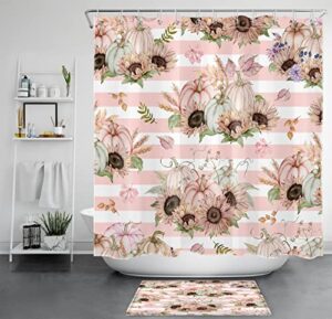 aueea fall harvest shower curtain watercolor plant pumpkin and sunflower with green leaf shower curtain pink white striped fabric shower curtain set for bathroom with bath mat and hooks,72x72 inches