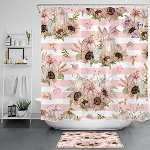 AUEEA Fall Harvest Shower Curtain Watercolor Plant Pumpkin and Sunflower with Green Leaf Shower Curtain Pink White Striped Fabric Shower Curtain Set for Bathroom with Bath Mat and Hooks,72x72 inches