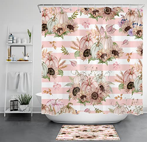 AUEEA Fall Harvest Shower Curtain Watercolor Plant Pumpkin and Sunflower with Green Leaf Shower Curtain Pink White Striped Fabric Shower Curtain Set for Bathroom with Bath Mat and Hooks,72x72 inches