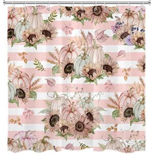 AUEEA Fall Harvest Shower Curtain Watercolor Plant Pumpkin and Sunflower with Green Leaf Shower Curtain Pink White Striped Fabric Shower Curtain Set for Bathroom with Bath Mat and Hooks,72x72 inches