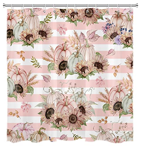 AUEEA Fall Harvest Shower Curtain Watercolor Plant Pumpkin and Sunflower with Green Leaf Shower Curtain Pink White Striped Fabric Shower Curtain Set for Bathroom with Bath Mat and Hooks,72x72 inches