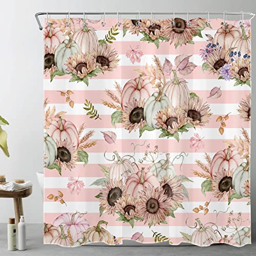 AUEEA Fall Harvest Shower Curtain Watercolor Plant Pumpkin and Sunflower with Green Leaf Shower Curtain Pink White Striped Fabric Shower Curtain Set for Bathroom with Bath Mat and Hooks,72x72 inches