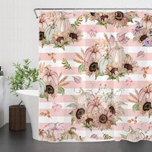 AUEEA Fall Harvest Shower Curtain Watercolor Plant Pumpkin and Sunflower with Green Leaf Shower Curtain Pink White Striped Fabric Shower Curtain Set for Bathroom with Bath Mat and Hooks,72x72 inches