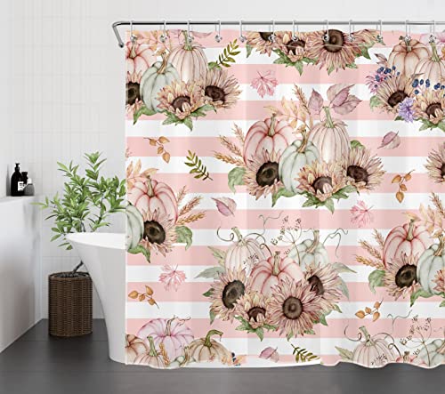 AUEEA Fall Harvest Shower Curtain Watercolor Plant Pumpkin and Sunflower with Green Leaf Shower Curtain Pink White Striped Fabric Shower Curtain Set for Bathroom with Bath Mat and Hooks,72x72 inches