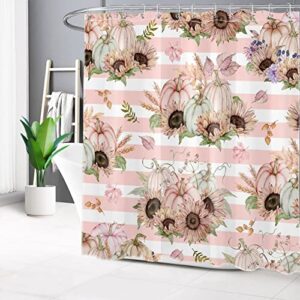 AUEEA Fall Harvest Shower Curtain Watercolor Plant Pumpkin and Sunflower with Green Leaf Shower Curtain Pink White Striped Fabric Shower Curtain Set for Bathroom with Bath Mat and Hooks,72x72 inches