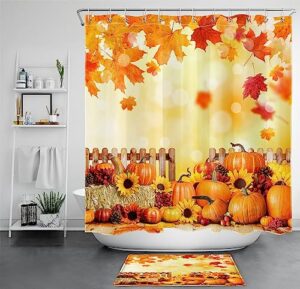 meunear farmhouse fall shower curtain and bath mat, orange pumpkin sunflower and maple leaf shower curtain with bathroom rugs, 72x72 inches autumn thanksgiving shower curtains set