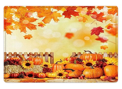 MEUNEAR Farmhouse Fall Shower Curtain and Bath Mat, Orange Pumpkin Sunflower and Maple Leaf Shower Curtain with Bathroom Rugs, 72X72 inches Autumn Thanksgiving Shower Curtains Set