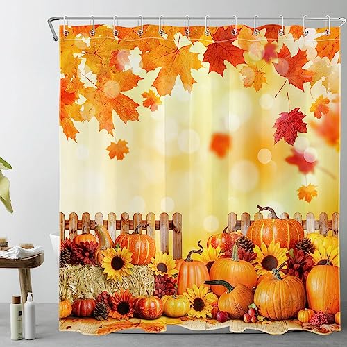 MEUNEAR Farmhouse Fall Shower Curtain and Bath Mat, Orange Pumpkin Sunflower and Maple Leaf Shower Curtain with Bathroom Rugs, 72X72 inches Autumn Thanksgiving Shower Curtains Set