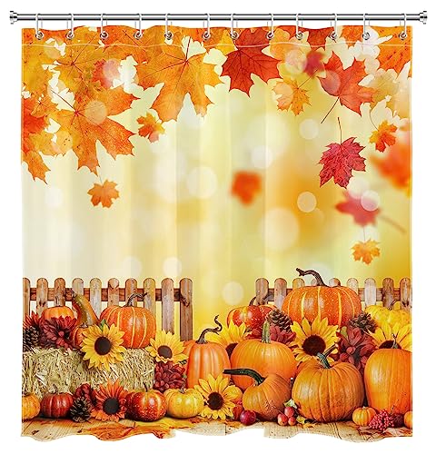 MEUNEAR Farmhouse Fall Shower Curtain and Bath Mat, Orange Pumpkin Sunflower and Maple Leaf Shower Curtain with Bathroom Rugs, 72X72 inches Autumn Thanksgiving Shower Curtains Set