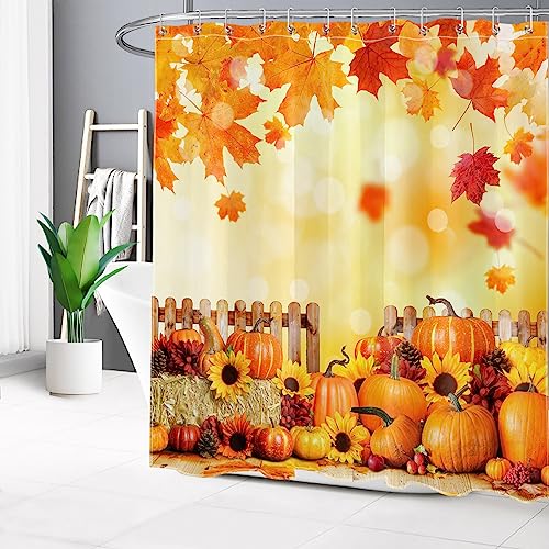 MEUNEAR Farmhouse Fall Shower Curtain and Bath Mat, Orange Pumpkin Sunflower and Maple Leaf Shower Curtain with Bathroom Rugs, 72X72 inches Autumn Thanksgiving Shower Curtains Set