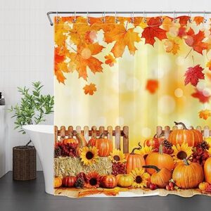 MEUNEAR Farmhouse Fall Shower Curtain and Bath Mat, Orange Pumpkin Sunflower and Maple Leaf Shower Curtain with Bathroom Rugs, 72X72 inches Autumn Thanksgiving Shower Curtains Set