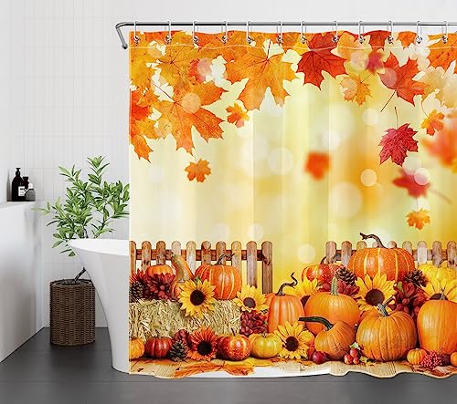 MEUNEAR Farmhouse Fall Shower Curtain and Bath Mat, Orange Pumpkin Sunflower and Maple Leaf Shower Curtain with Bathroom Rugs, 72X72 inches Autumn Thanksgiving Shower Curtains Set