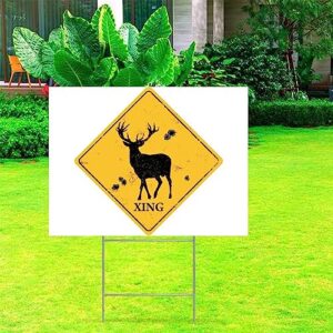 junelucky caution deer xing crossing decorative yard sign with metal h-stakes vintage warning sign weatherproof street yard sign for outdoor road farm house yard lawn decor poster 18x24 inch