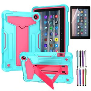 EpicGadget Case for Amazon Fire 7 Tablet (12th Generation, 2022 Released) - Heavy Duty Hybrid Impact Resistant Case Cover with Kickstand + 1 Stylus and 1 Screen Protector (Teal/Pink)