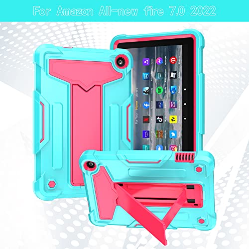 EpicGadget Case for Amazon Fire 7 Tablet (12th Generation, 2022 Released) - Heavy Duty Hybrid Impact Resistant Case Cover with Kickstand + 1 Stylus and 1 Screen Protector (Teal/Pink)