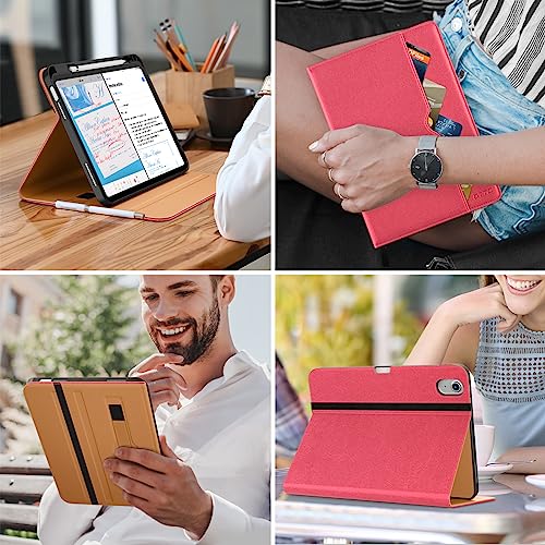 DTTO iPad 10th Generation Case 10.9 Inch 2022, Premium Leather Business Folio Stand Cover with Pencil Holder - Auto Wake/Sleep and Multiple Viewing Angles, Watermelon red