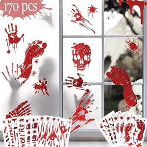 halloween decorations 170 pcs halloween window clings, bloody handprint footprint halloween wall decal floor clings with tattoo stickers, scary halloween decoration window stickers