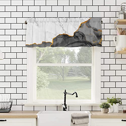 Fall Valance Curtains for Windows Wild Marble Pattern Gold Black Grey White Ombre Short Valances Window Treatment Rod Pocket Valance for Kitchen Bedroom Bathroom Laundry Room 42x18 inch, 1 Panel