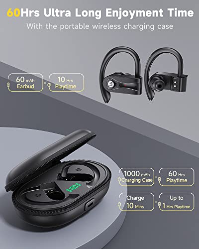 Bluetooth Headphones Noise Canceling 4 Mics Clear Call Stereo Bass Sound 60H Playtime Wireless Charging Case Over Ear Earphones LED Digital Display Headset with Earhooks for Sports Running Workout Gym