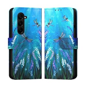 singolas for samsung z fold 5 case, samsung z fold 5 wallet case card holder slots cover leather flip samsung galaxy z fold 5 case protective cover for galaxy z fold 5 case with strap, dragonfly